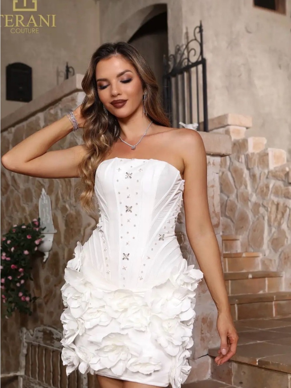 Terani Couture White Strapless Floral Corset Mini Dress with optional straps